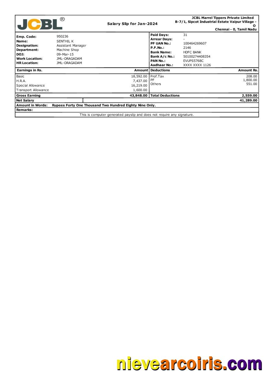 JCBL Marrel Tippers manufacturer payslip